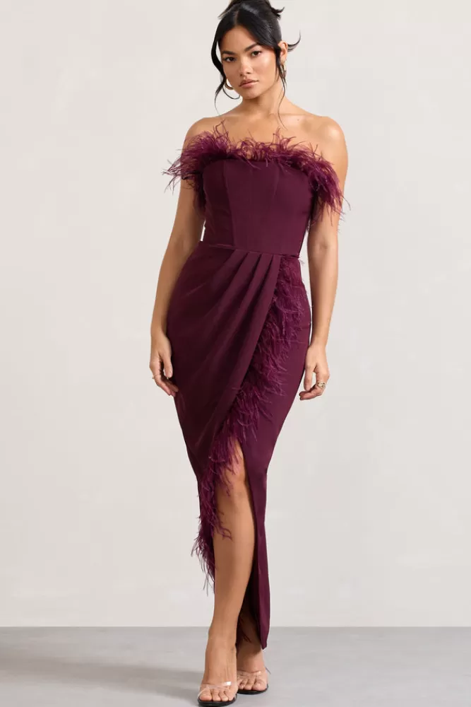 Club L London Cosmo | Bandeau Feather Corset Split Maxi Dress BURGUNDY Online