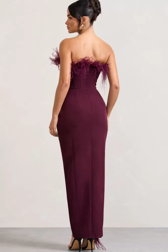 Club L London Cosmo | Bandeau Feather Corset Split Maxi Dress BURGUNDY Online