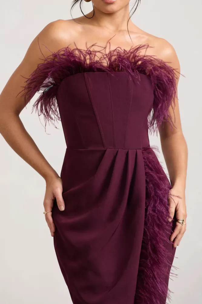 Club L London Cosmo | Bandeau Feather Corset Split Maxi Dress BURGUNDY Online