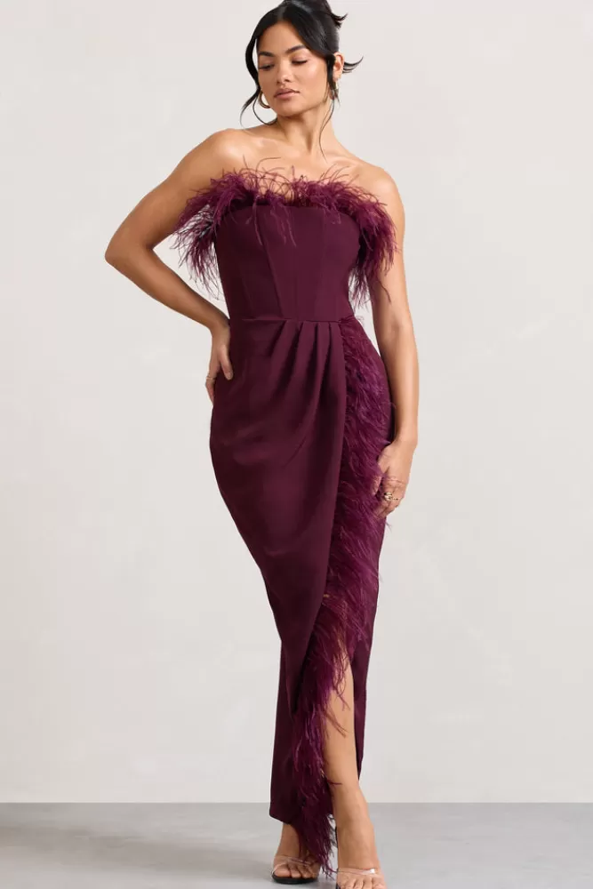 Club L London Cosmo | Bandeau Feather Corset Split Maxi Dress BURGUNDY Online
