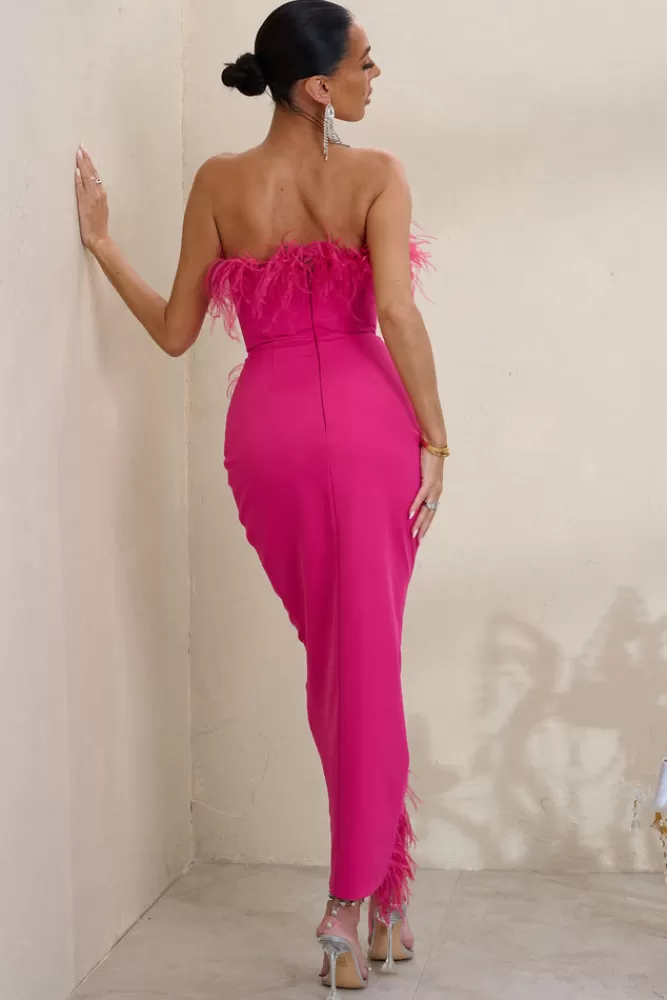 Club L London Cosmo | Hot Bandeau Corset Maxi Dress With Feather Trim PINK Outlet