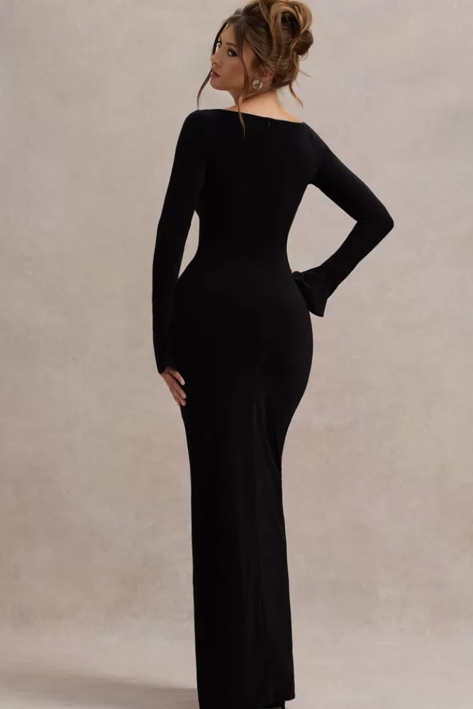 Club L London Cosmos | Asymmetric Long-Sleeve Split Maxi Dress BLACK Outlet