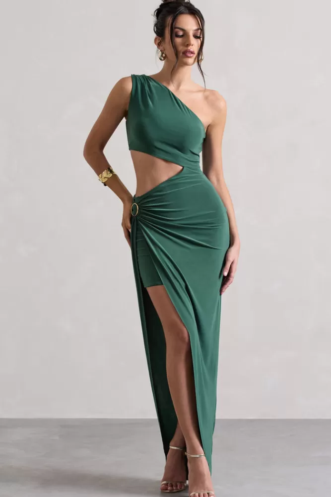 Club L London Costa Rica | Forest Green Asymmetric Cut-Out Split Maxi Dress FORESTGREEN Shop