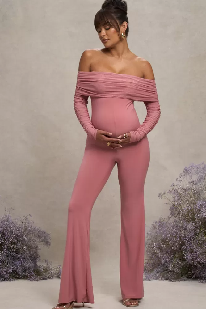 Club L London Count Down | Blush Pink Maternity Ruched Mesh Bardot Jumpsuit BlushPink Flash Sale