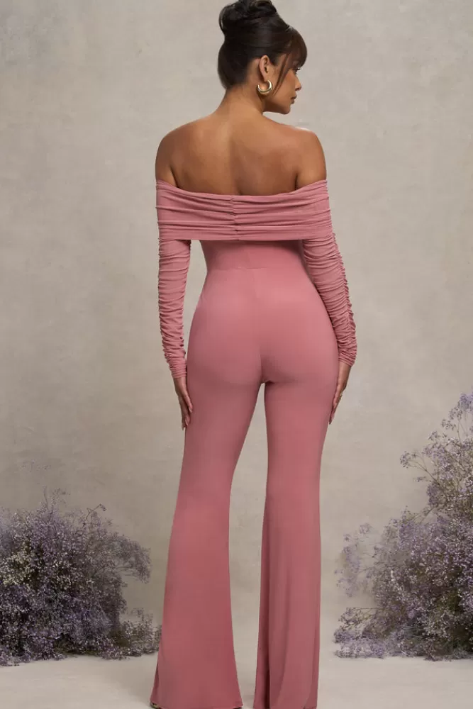 Club L London Count Down | Blush Pink Maternity Ruched Mesh Bardot Jumpsuit BlushPink Flash Sale