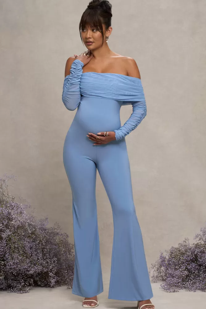 Club L London Count Down | Powder Maternity Ruched Mesh Bardot Jumpsuit Blue Clearance