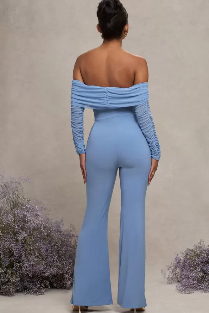 Club L London Count Down | Powder Maternity Ruched Mesh Bardot Jumpsuit Blue Clearance