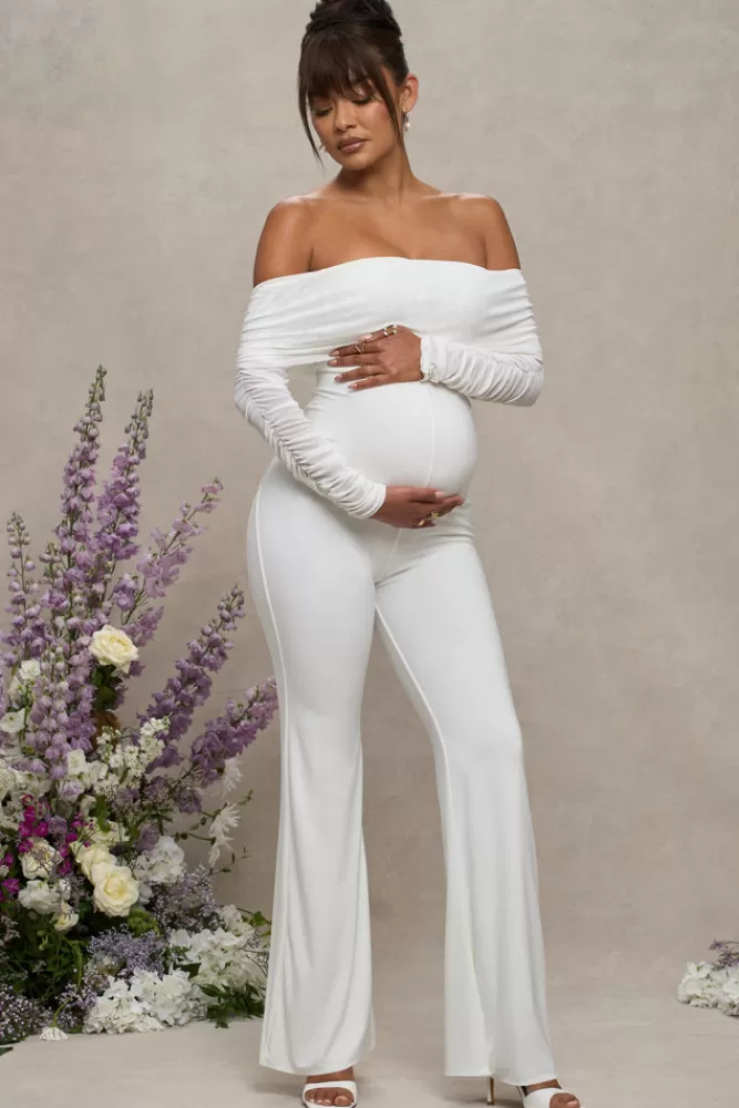 Club L London Count Down | Maternity Ruched Mesh Bardot Jumpsuit White Flash Sale