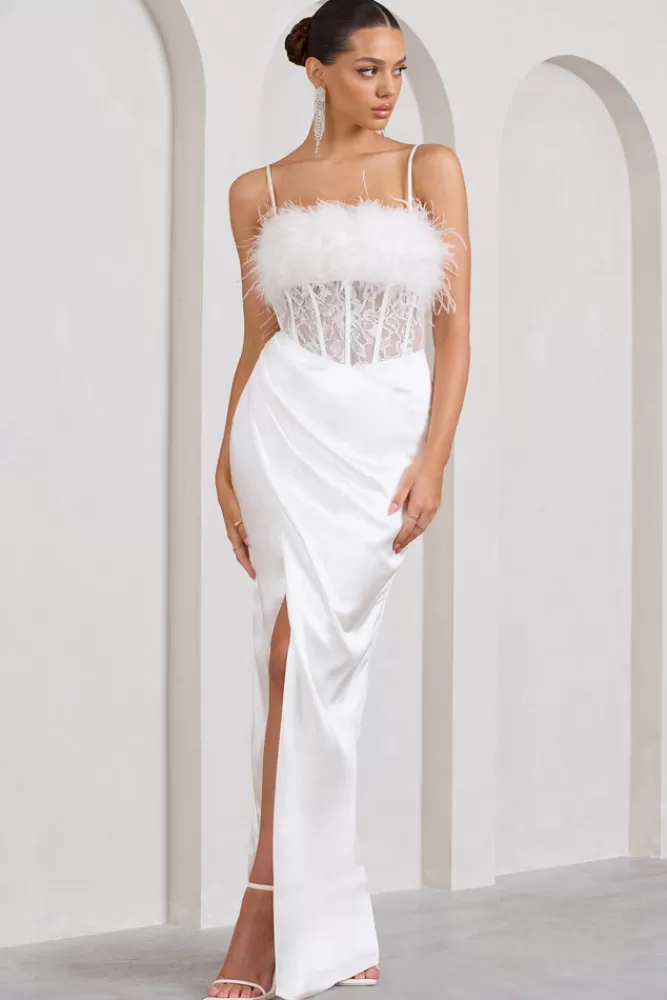Club L London Countess | Lace Corset Maxi Dress With Feather Trim WHITE Shop
