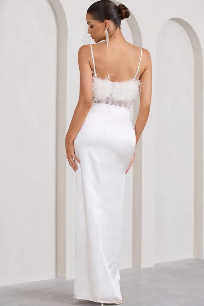 Club L London Countess | Lace Corset Maxi Dress With Feather Trim WHITE Shop