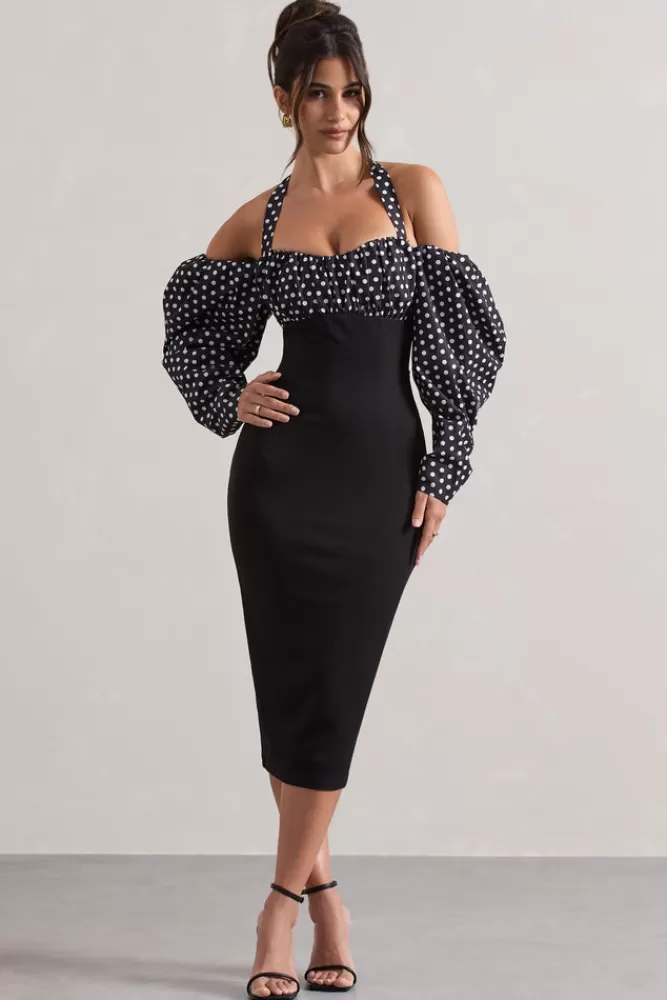 Club L London Couture Client | Black u0026 White Polka Dot Halter-Neck Puff Sleeve Midi Dress MULTI Clearance