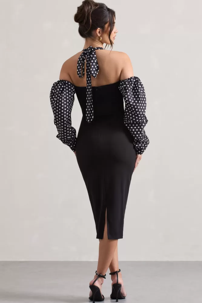 Club L London Couture Client | Black u0026 White Polka Dot Halter-Neck Puff Sleeve Midi Dress MULTI Clearance