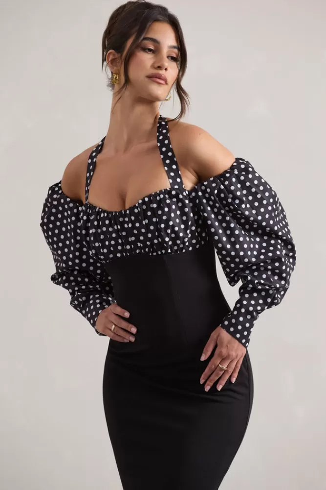 Club L London Couture Client | Black u0026 White Polka Dot Halter-Neck Puff Sleeve Midi Dress MULTI Clearance