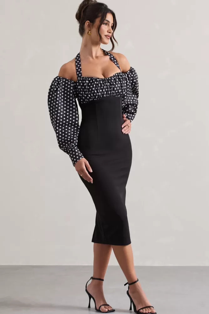 Club L London Couture Client | Black u0026 White Polka Dot Halter-Neck Puff Sleeve Midi Dress MULTI Clearance