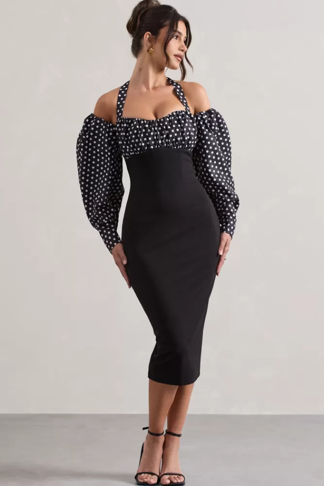 Club L London Couture Client | Black u0026 White Polka Dot Halter-Neck Puff Sleeve Midi Dress MULTI Clearance