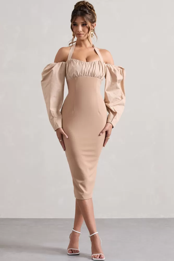 Club L London Couture Client | Halter-Neck Puff Sleeve Midi Dress CHAMPAGNE Flash Sale