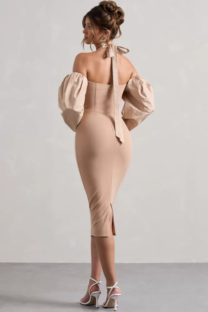 Club L London Couture Client | Halter-Neck Puff Sleeve Midi Dress CHAMPAGNE Flash Sale