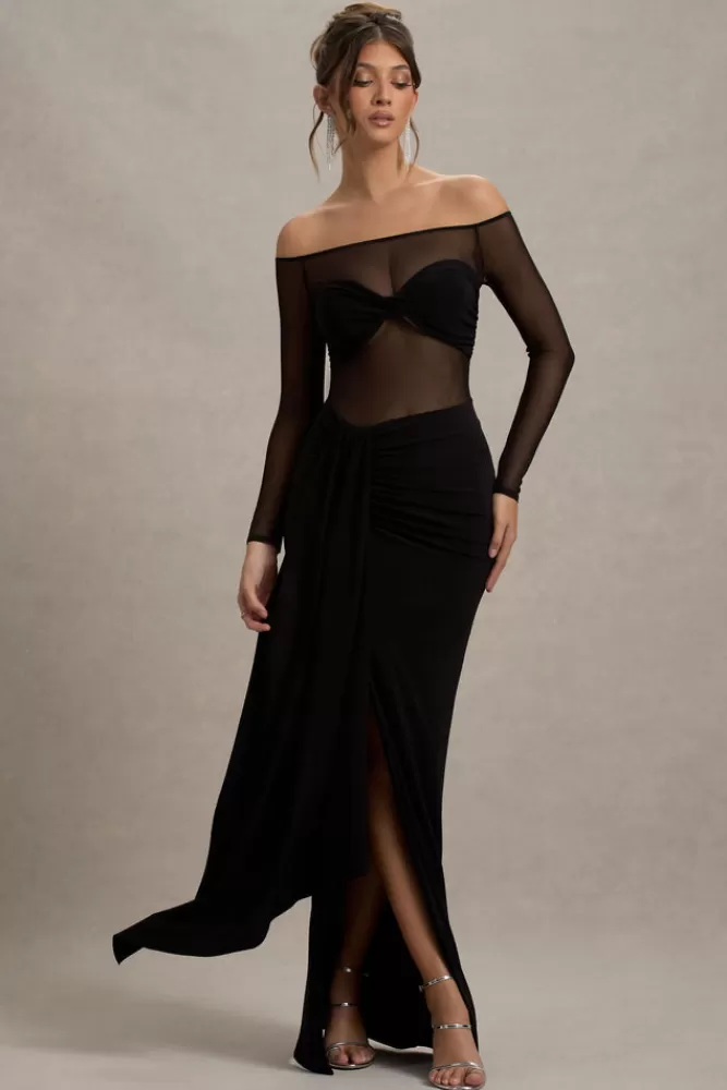 Club L London Cover Star | Mesh Bardot Long-Sleeve Draped Maxi Dress BLACK Hot