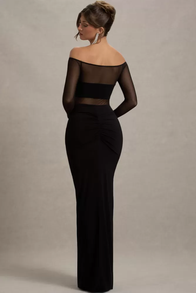 Club L London Cover Star | Mesh Bardot Long-Sleeve Draped Maxi Dress BLACK Hot