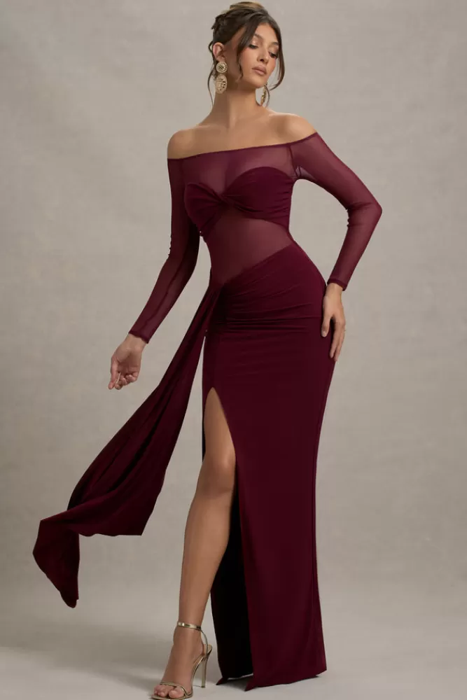 Club L London Cover Star | Mesh Bardot Long-Sleeve Draped Maxi Dress BURGUNDY Best Sale