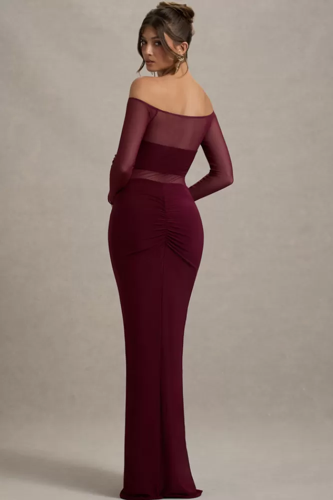 Club L London Cover Star | Mesh Bardot Long-Sleeve Draped Maxi Dress BURGUNDY Best Sale