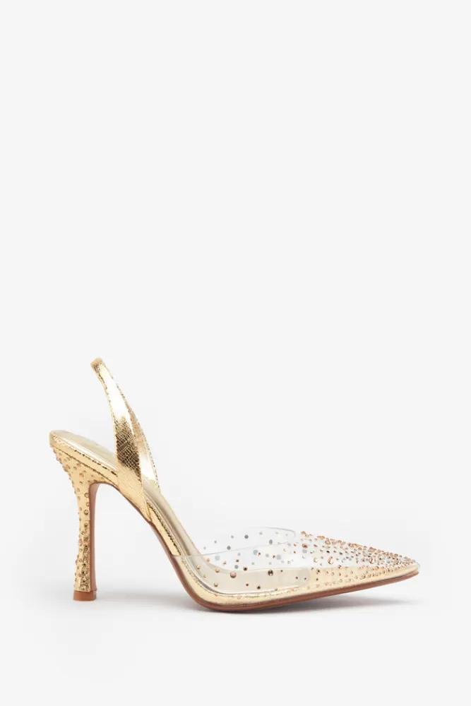 Club L London Covergirl | Gold Diamante Sling Back Pointed Heels PERSPEXWITHGOLD Shop