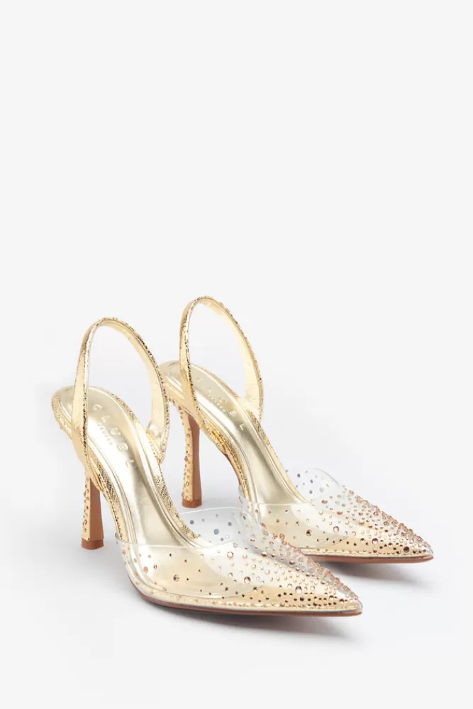 Club L London Covergirl | Gold Diamante Sling Back Pointed Heels PERSPEXWITHGOLD Shop