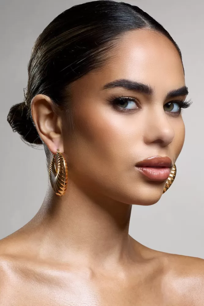 Club L London Crete | Ribbed Chunky Statement Hoop Earrings GOLD Store