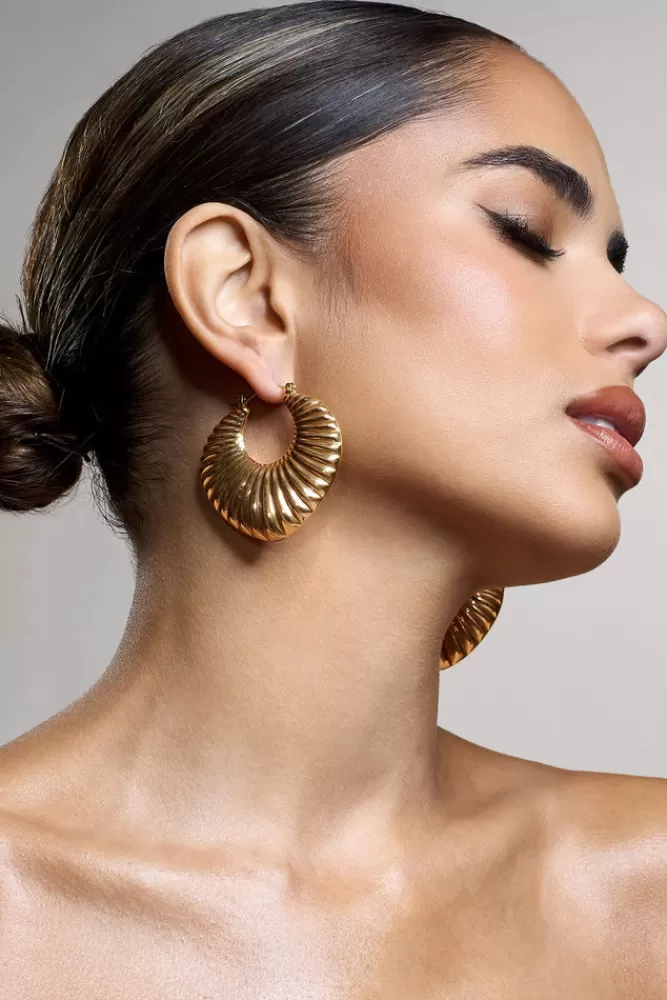 Club L London Crete | Ribbed Chunky Statement Hoop Earrings GOLD Store