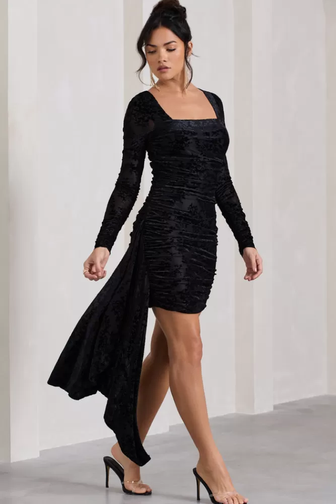 Club L London Crimson Cut | Black Velvet Floral Long-Sleeved Ruffled Bodycon Mini Dress MULTI Best Sale