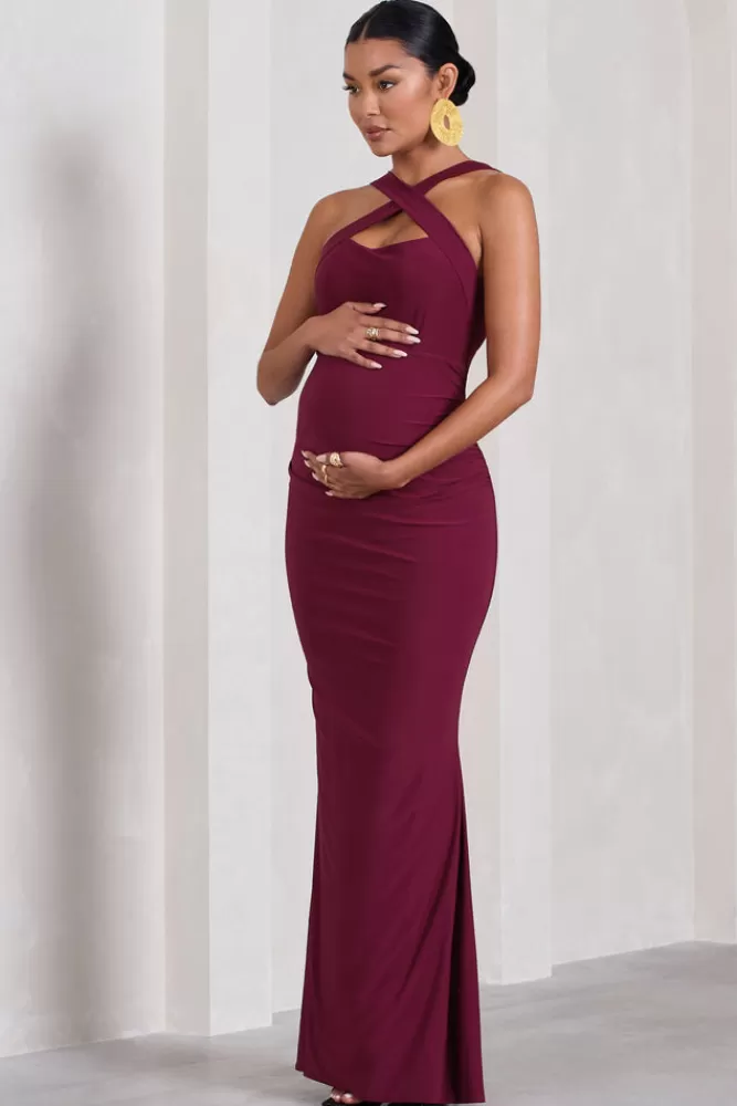 Club L London Cross My Heart | Sleeveless Cross-Neck Maternity Maxi Dress BURGUNDY Sale