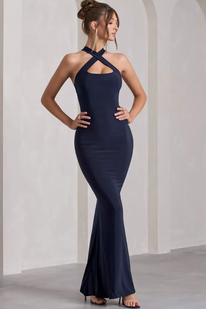 Club L London Cross My Heart | Sleeveless Cross-Neck Maxi Dress NAVY Store