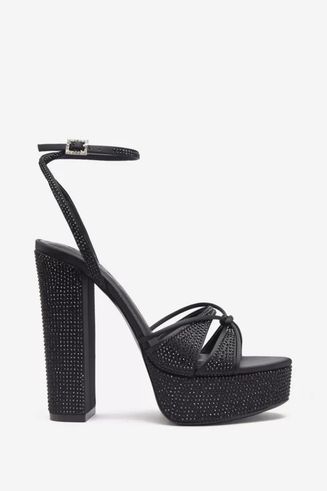 Club L London Crystal Cut | Strappy Heeled Platform Sandals With Diamante Buckles BLACK Fashion