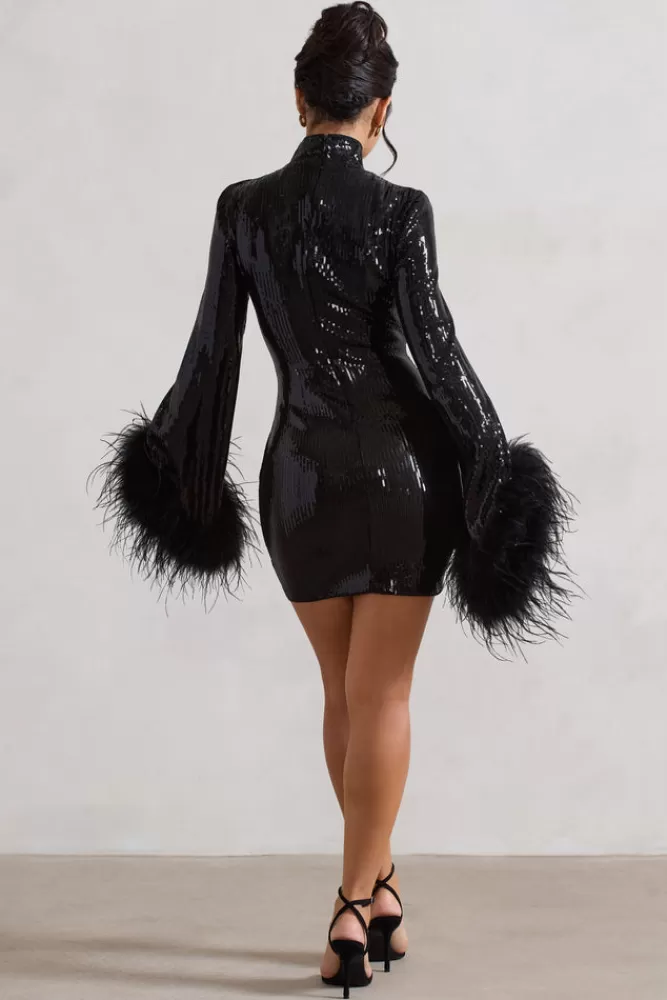 Club L London Cupid | Sequin High-Neck Mini Dress With Feather Cuffs BLACK Outlet