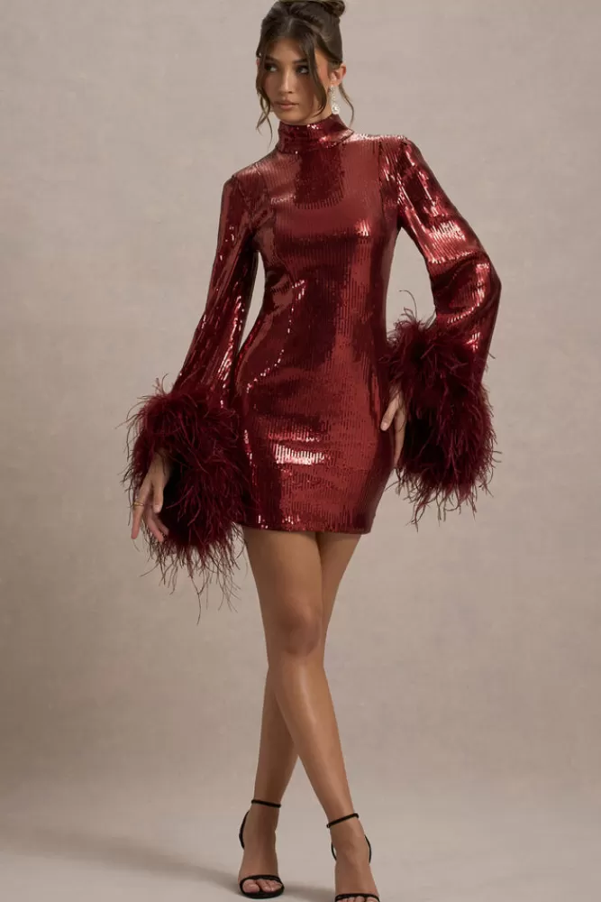Club L London Cupid | Sequin High-Neck Mini Dress With Feather Cuffs PORT Store