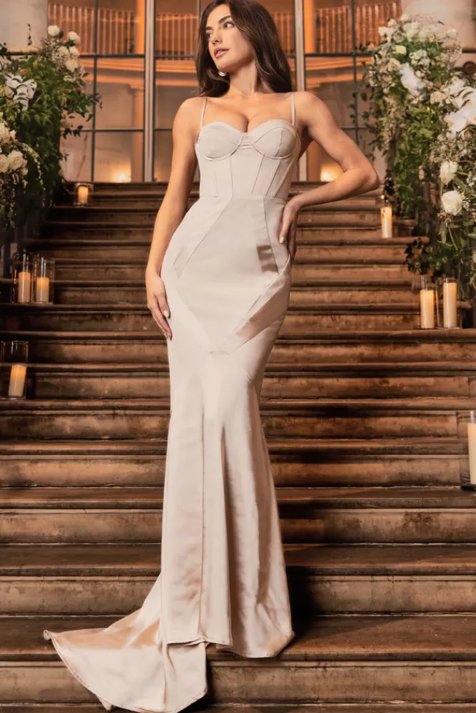 Club L London Custom | Satin Sweetheart Corset Fishtail Maxi Dress CHAMPAGNE Sale