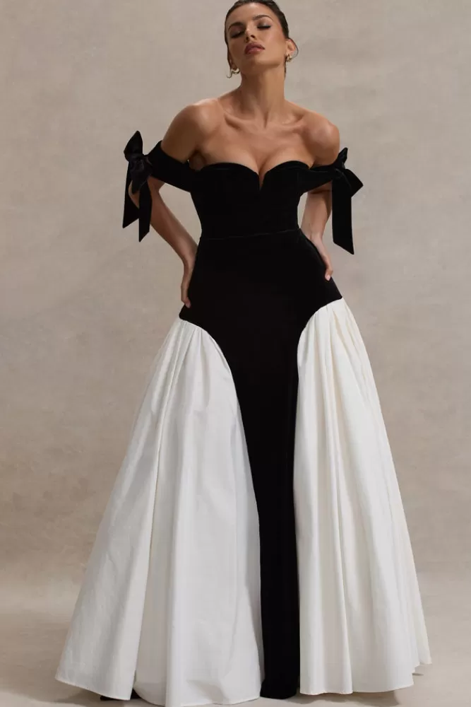 Club L London Cyndi | Black u0026 Cream Velvet Bardot Maxi Dress With Volume Skirt BLACKANDCREAM Clearance
