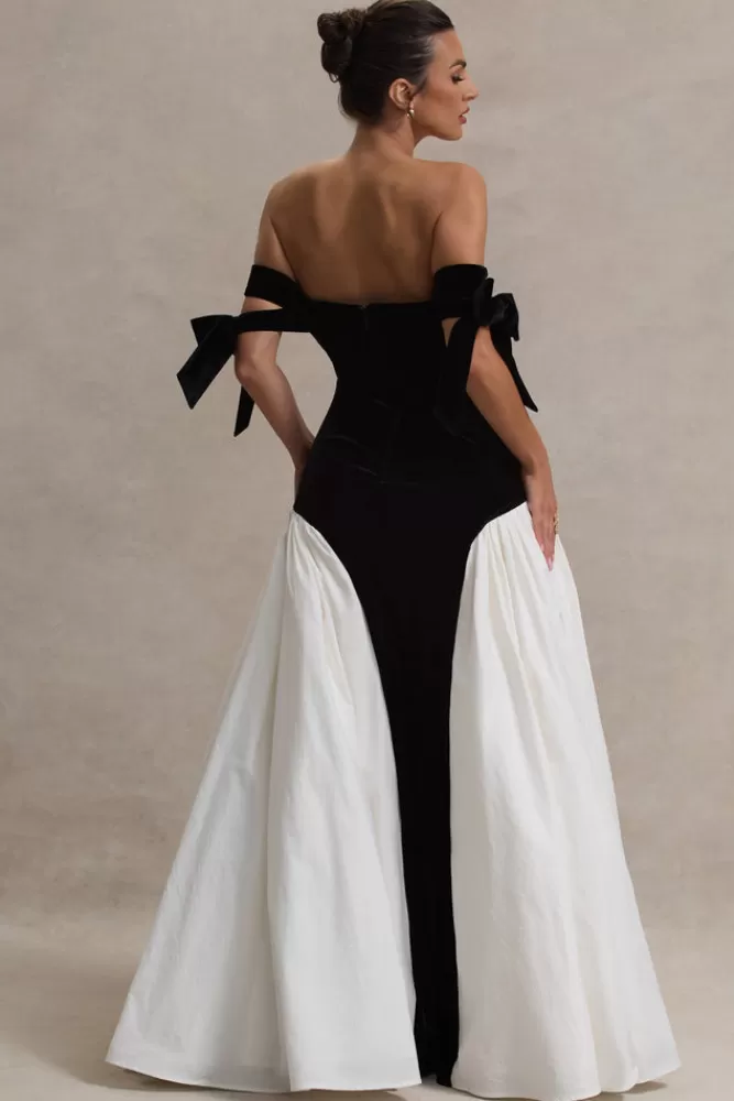 Club L London Cyndi | Black u0026 Cream Velvet Bardot Maxi Dress With Volume Skirt BLACKANDCREAM Clearance