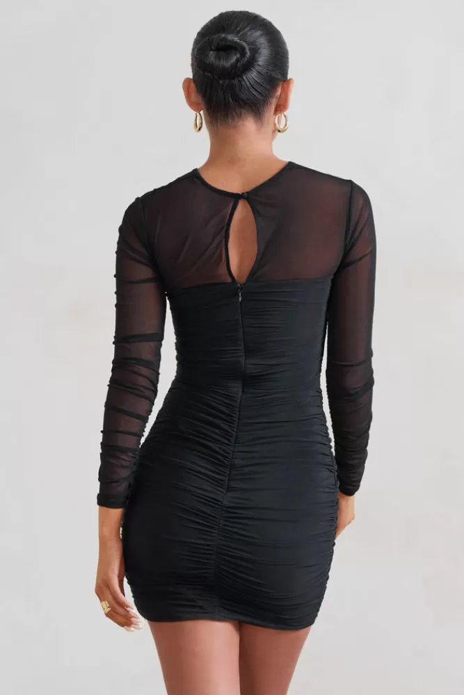 Club L London Daiquiri | Ruched Cut Out Mesh Mini Dress With Long Sleeves BLACK Cheap