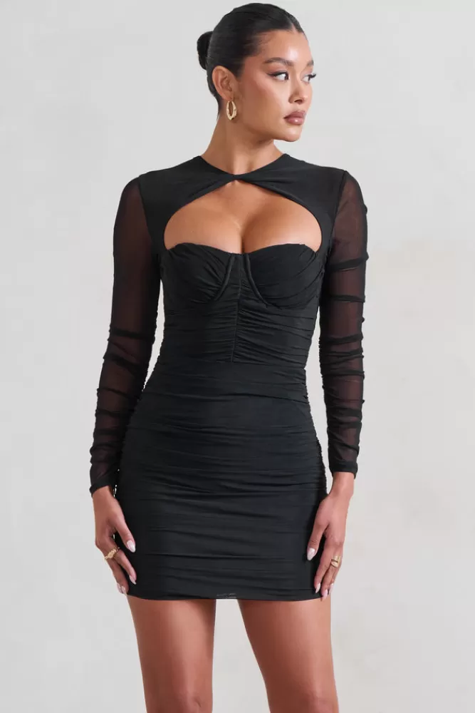 Club L London Daiquiri | Ruched Cut Out Mesh Mini Dress With Long Sleeves BLACK Cheap