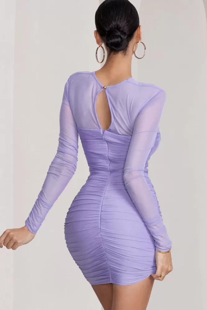 Club L London Daiquiri | Lilac Cut Out Ruched Mesh Mini Dress With Long Sleeves BLUE Fashion