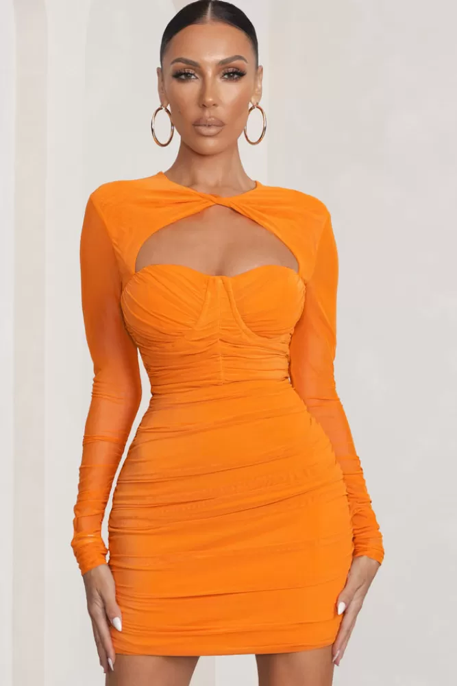 Club L London Daiquiri | Cut Out Ruched Mesh Mini Dress With Long Sleeves ORANGE Outlet