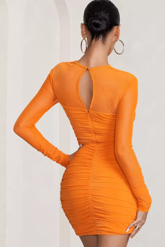 Club L London Daiquiri | Cut Out Ruched Mesh Mini Dress With Long Sleeves ORANGE Outlet