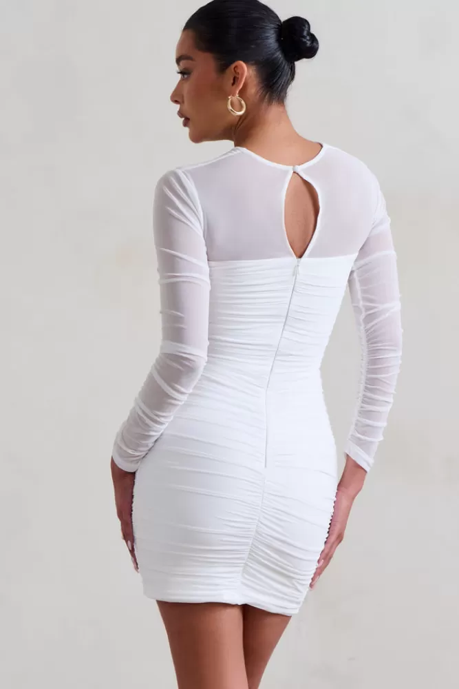 Club L London Daiquiri | Ruched Cut Out Mesh Mini Dress With Long Sleeves WHITE Shop