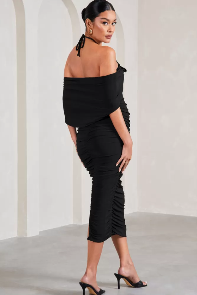 Club L London Daisy | u0026 White Ruched Flower Halter-Neck Drape-Sleeve Maternity Midi Dress BLACK Online