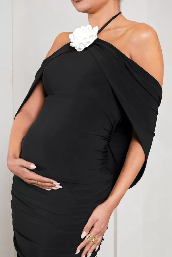 Club L London Daisy | u0026 White Ruched Flower Halter-Neck Drape-Sleeve Maternity Midi Dress BLACK Online