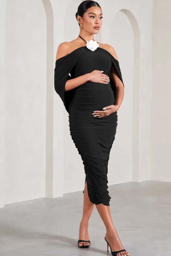 Club L London Daisy | u0026 White Ruched Flower Halter-Neck Drape-Sleeve Maternity Midi Dress BLACK Online