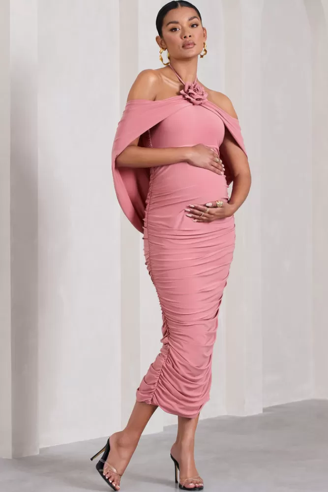Club L London Daisy | Blush Pink Ruched Flower Halter-Neck Drape-Sleeve Maternity Midi Dress BLUSHPINK Discount