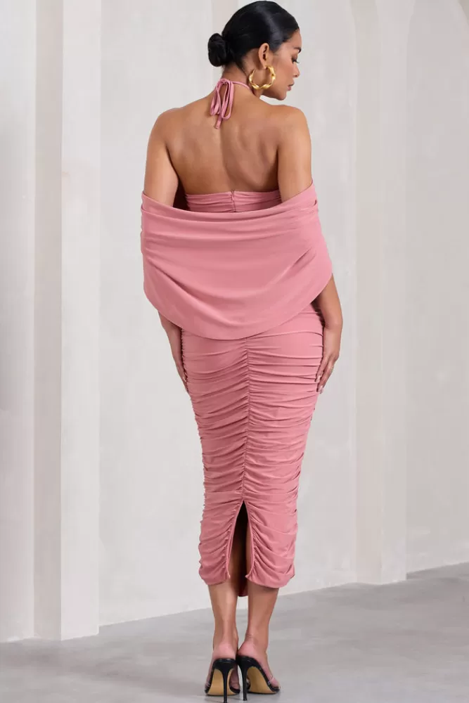 Club L London Daisy | Blush Pink Ruched Flower Halter-Neck Drape-Sleeve Maternity Midi Dress BLUSHPINK Discount
