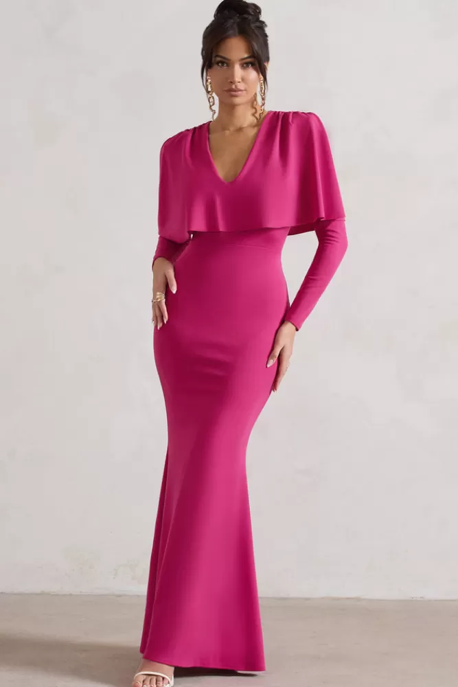 Club L London Dalia | Dark Pink V-Neck Draped Long Sleeve Maxi Dress BOUDOIRRED Discount